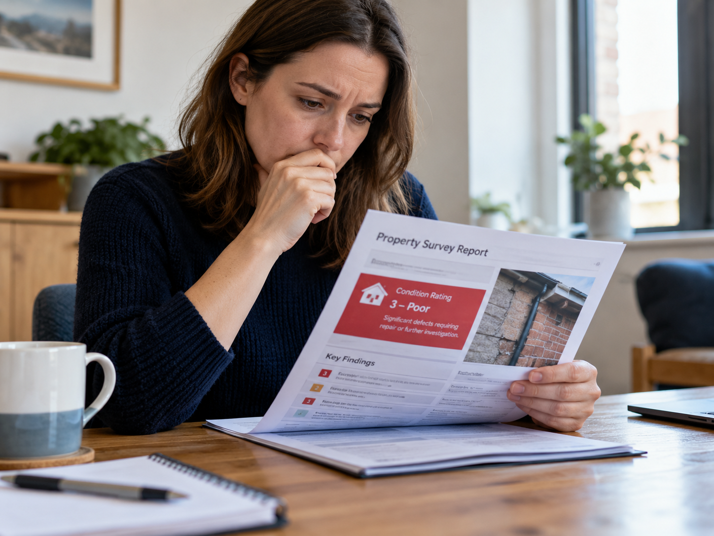 Home buyer reviewing serious findings in a survey report