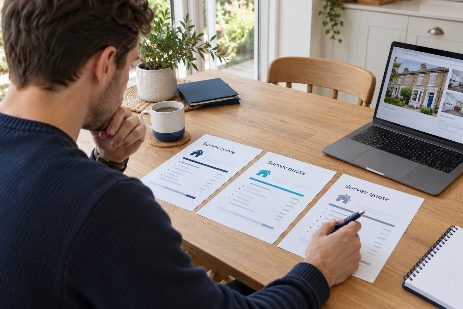 Homebuyer comparing written property survey quotes.