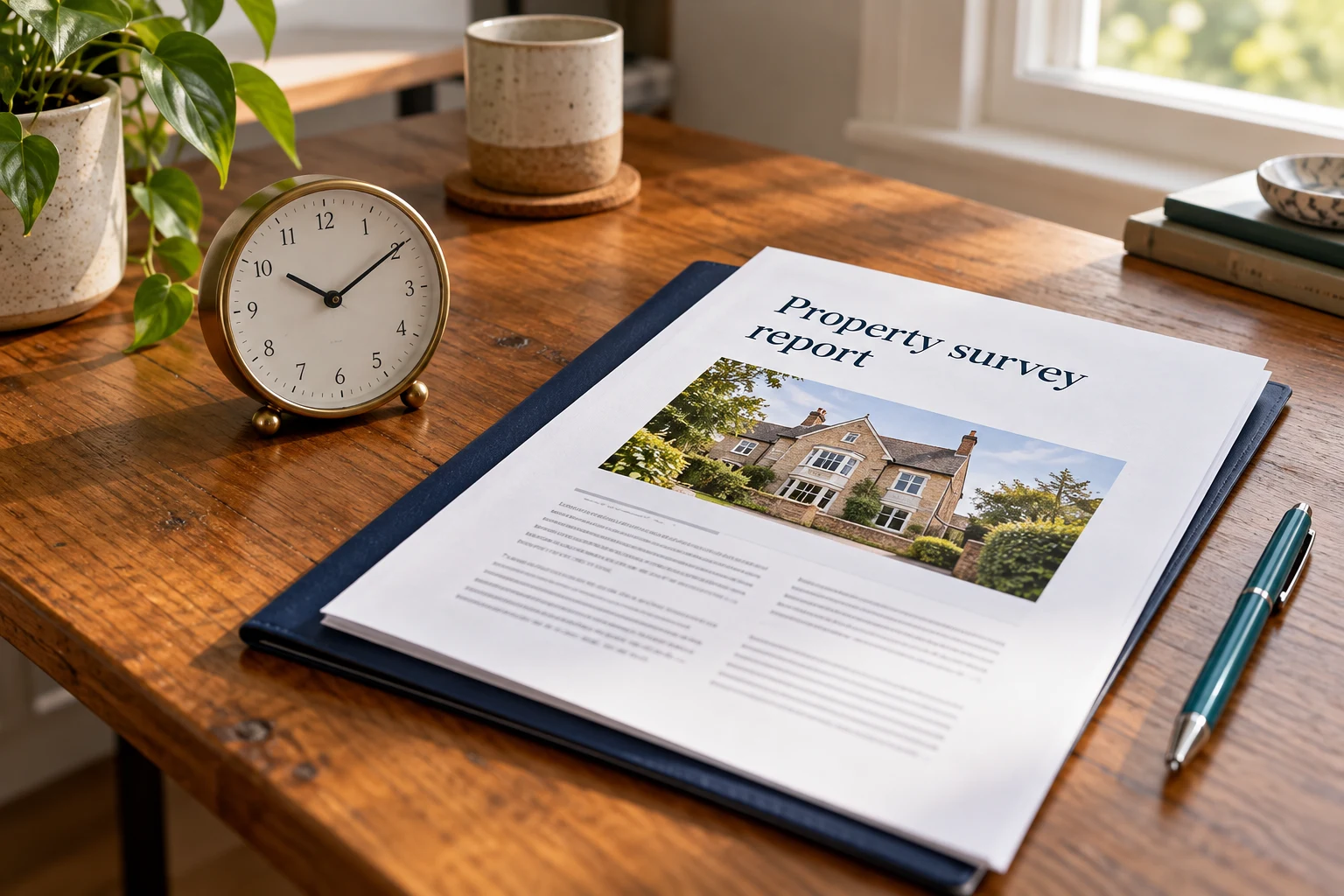 Desk clock beside a printed property survey report