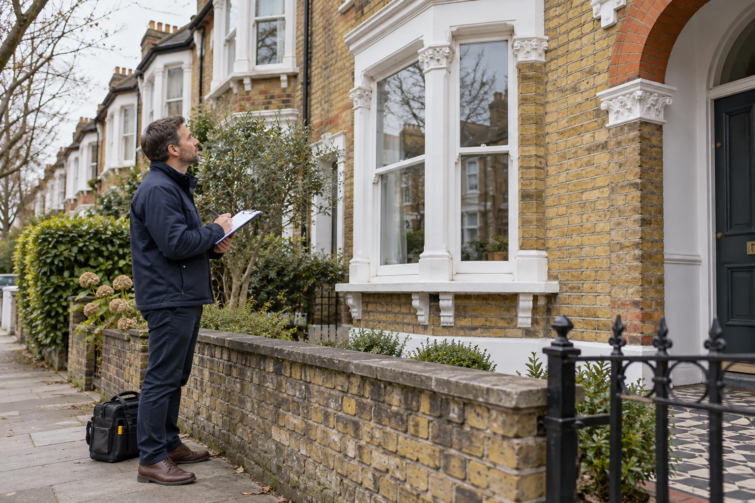 Surveyor taking notes on a clipboard while inspecting a London terraced house