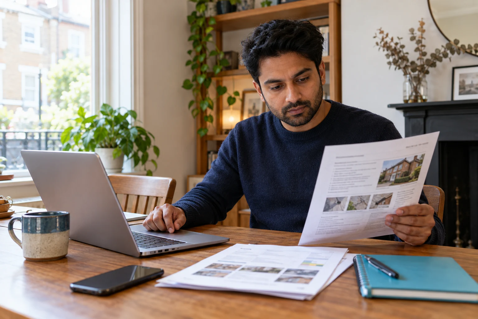 Home buyer reviewing a printed property survey report beside an open laptop