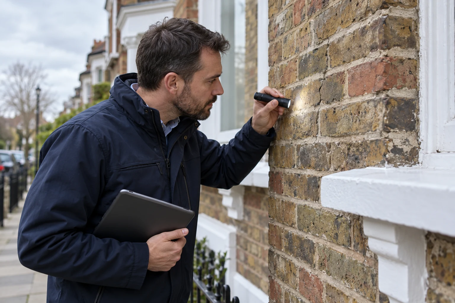 Surveyor inspecting external brickwork and mortar joints on a period property