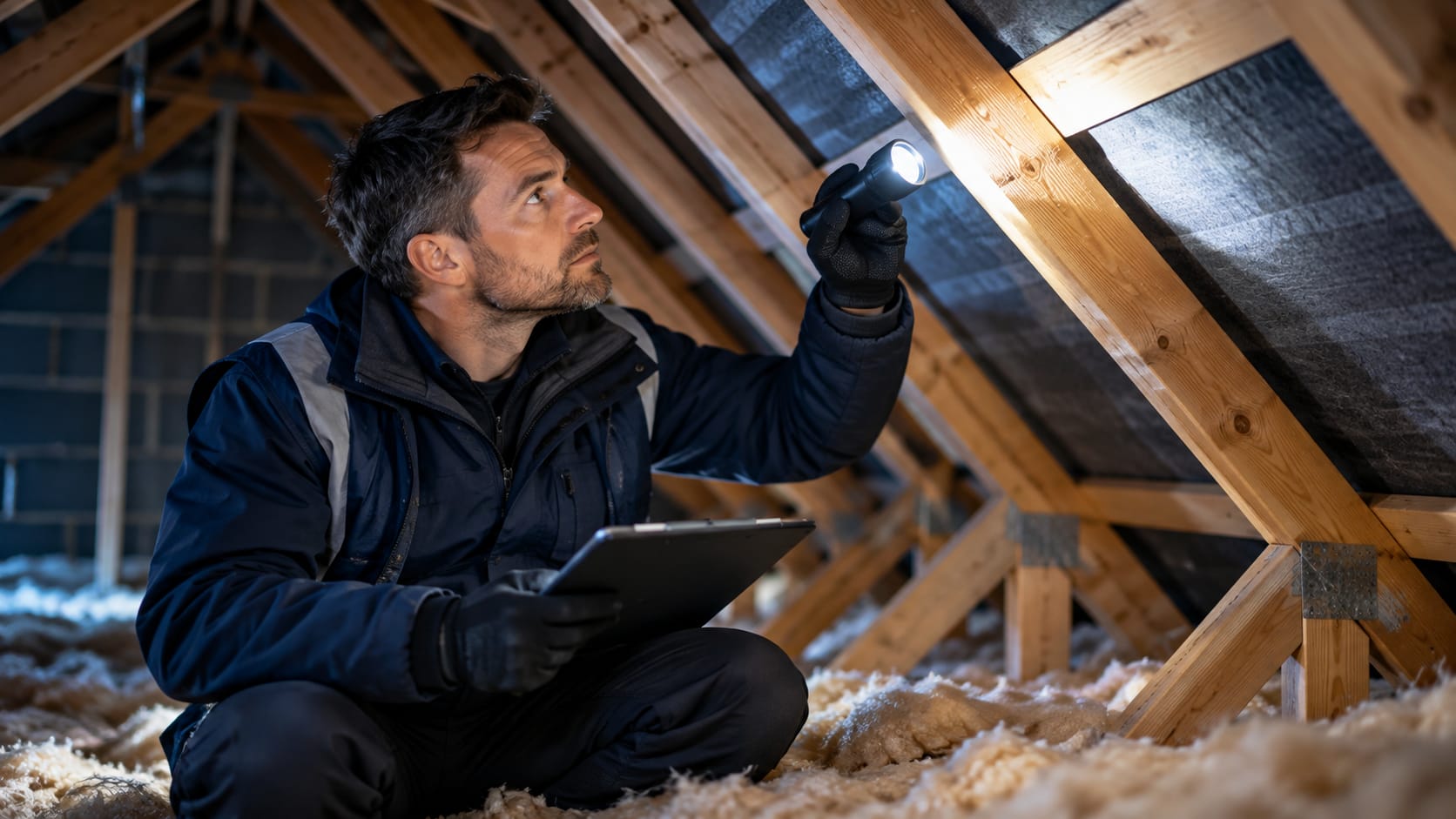 Surveyor inspecting a roof space, which is covered more extensively at Level 2