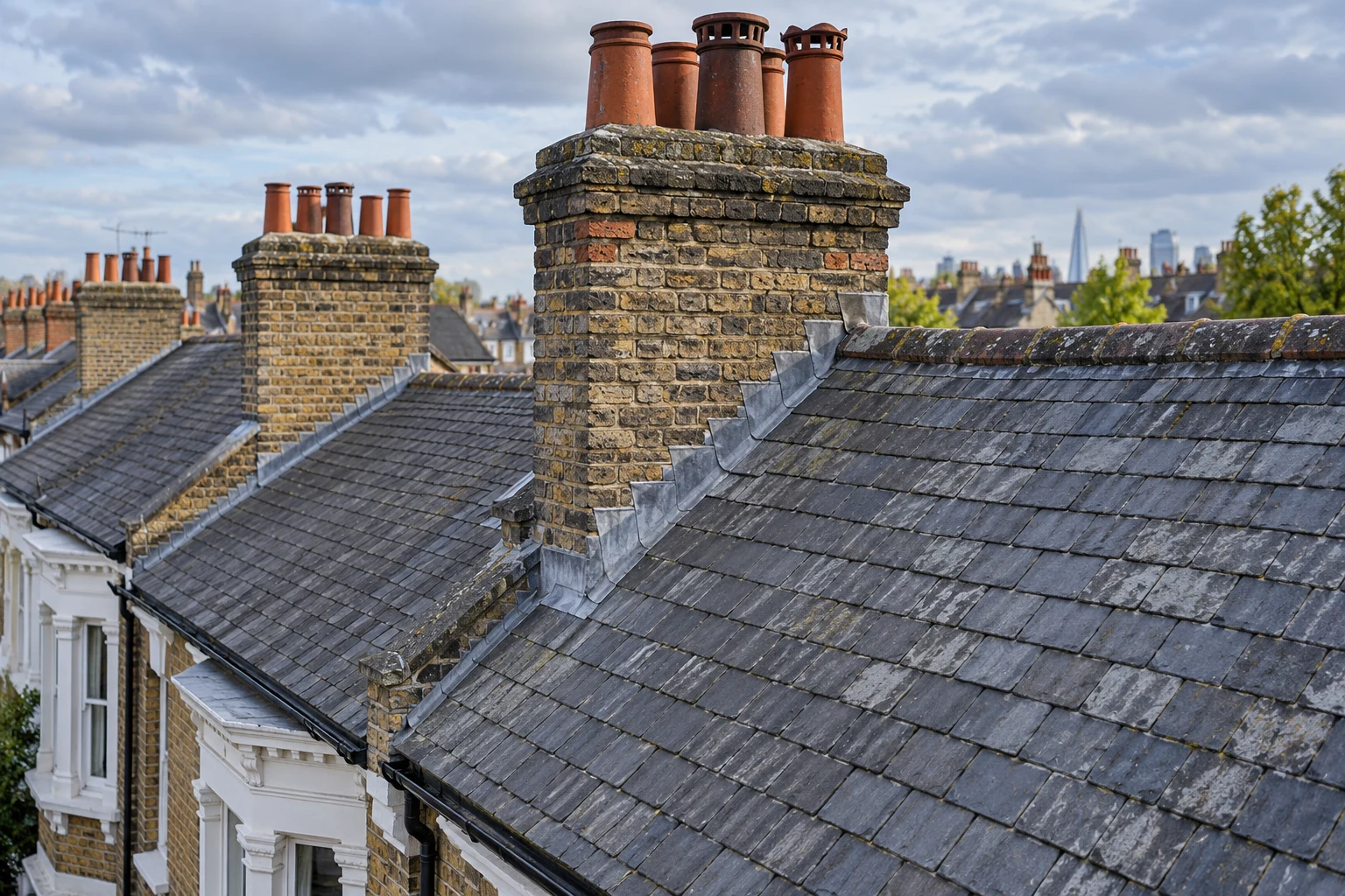 Weathered slate roof covering, lead flashing and brick chimney stacks on a period London terrace