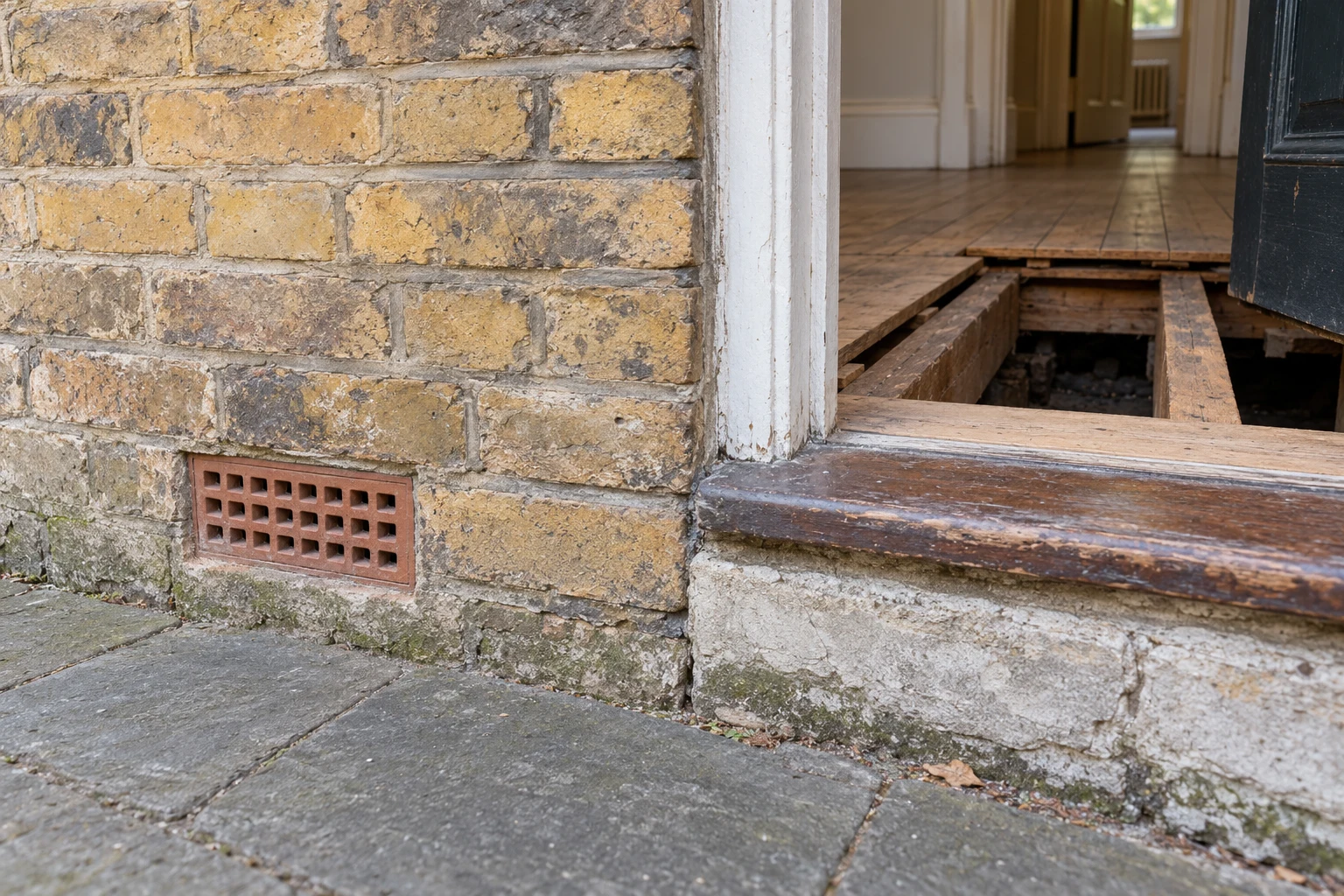 Low-level air brick beside an open doorway showing exposed suspended timber floor joists