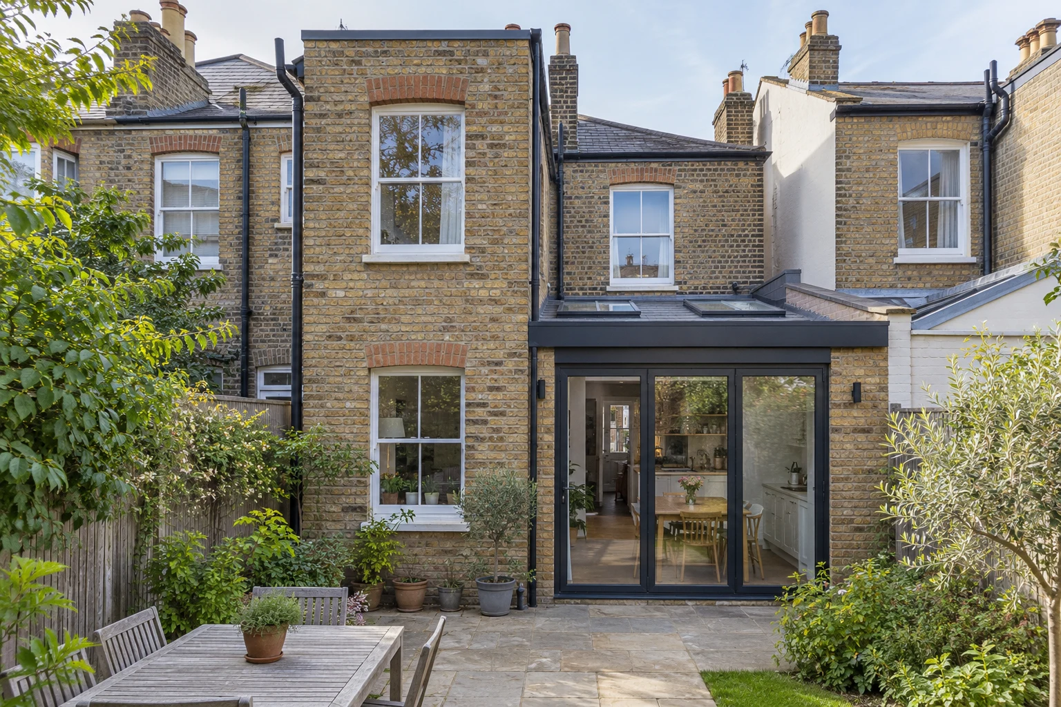 Rear of a Victorian terraced house showing a two-storey outrigger and a single-storey side-return extension