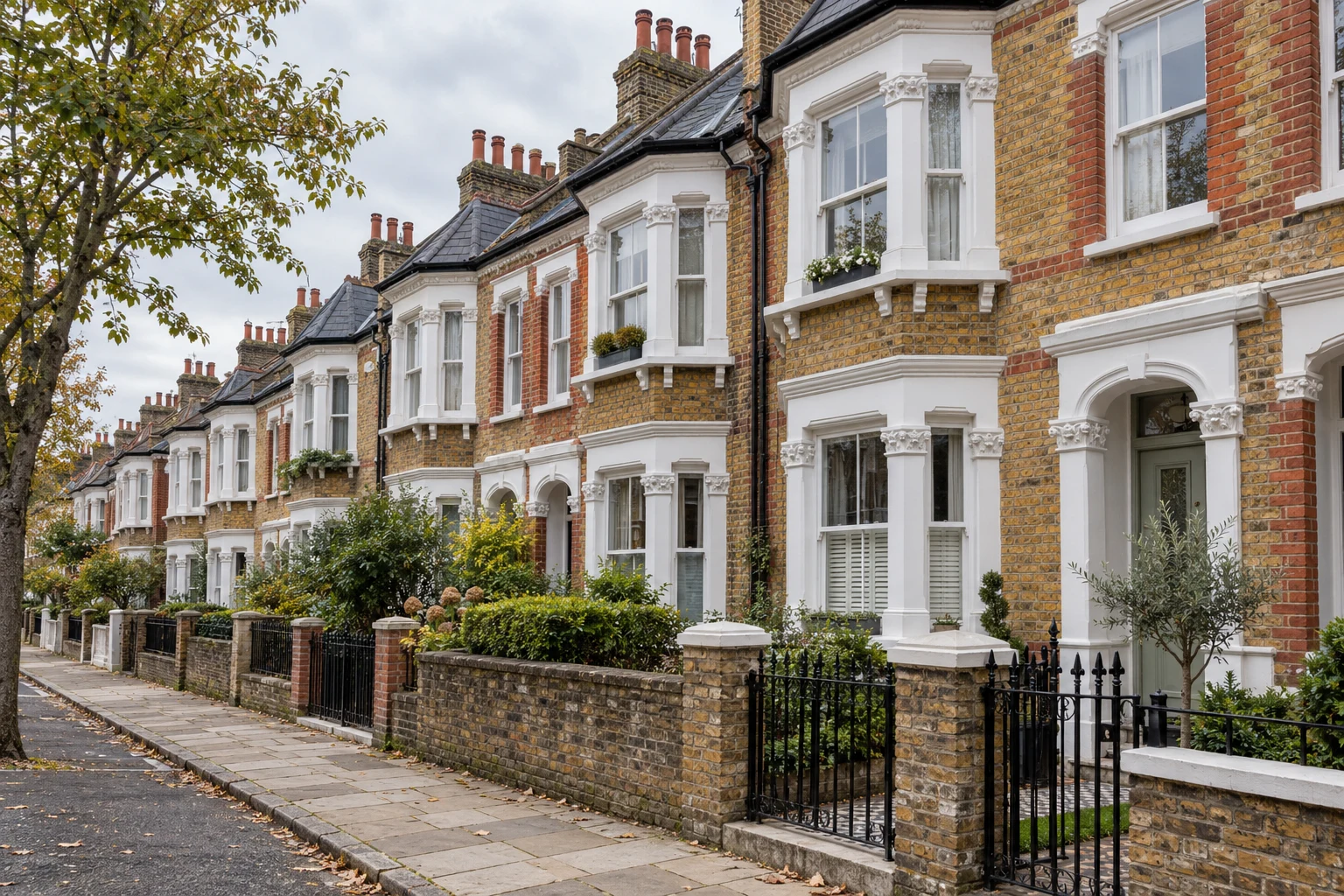 Victorian terraced houses in London with brick façades, bay windows and chimney stacks
