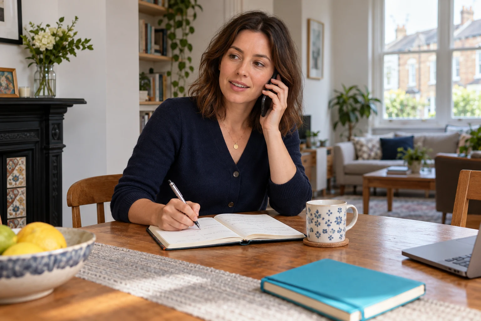 Home buyer speaking on the phone with a pen and open diary while arranging a survey
