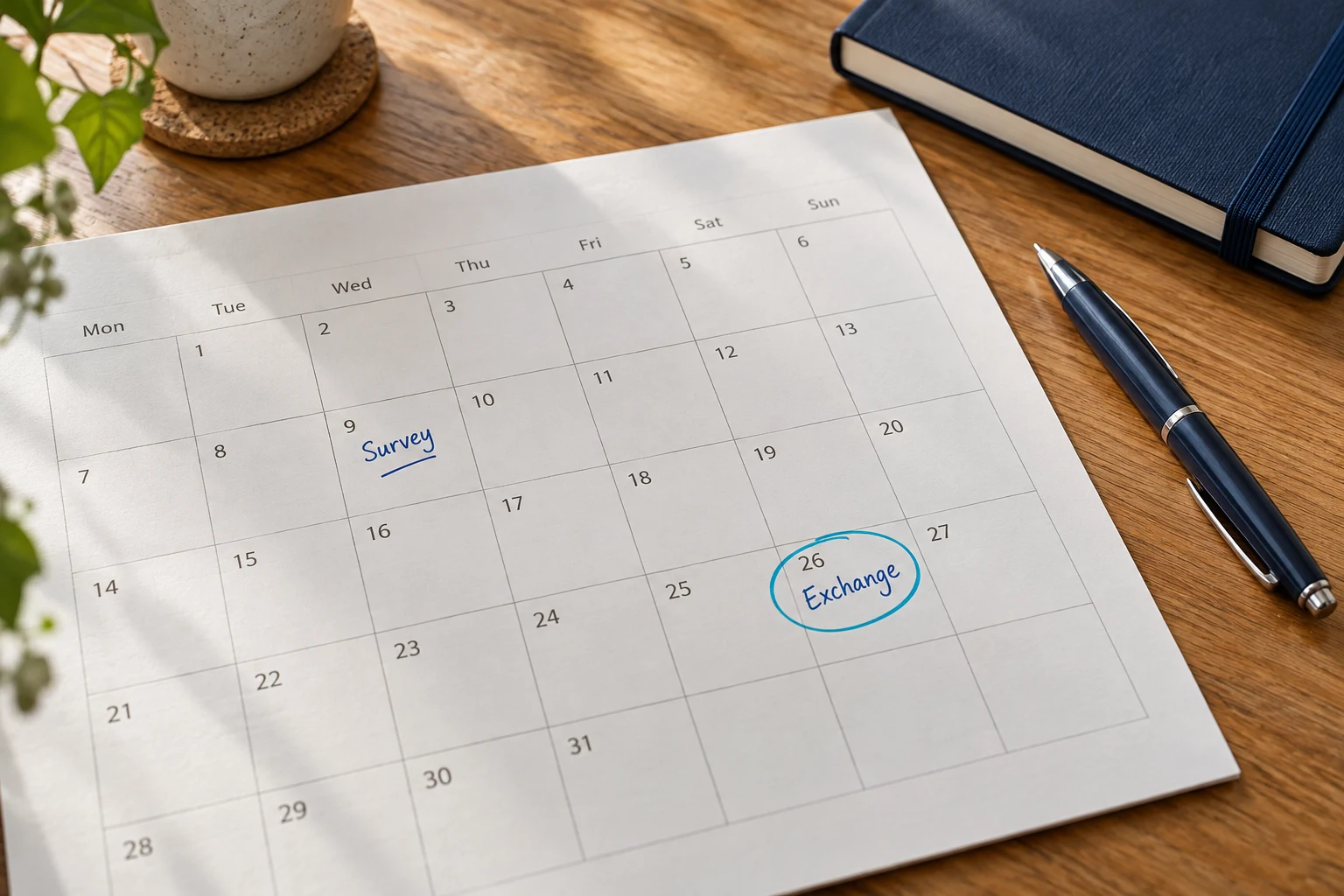 Calendar with a survey appointment marked before a proposed exchange date
