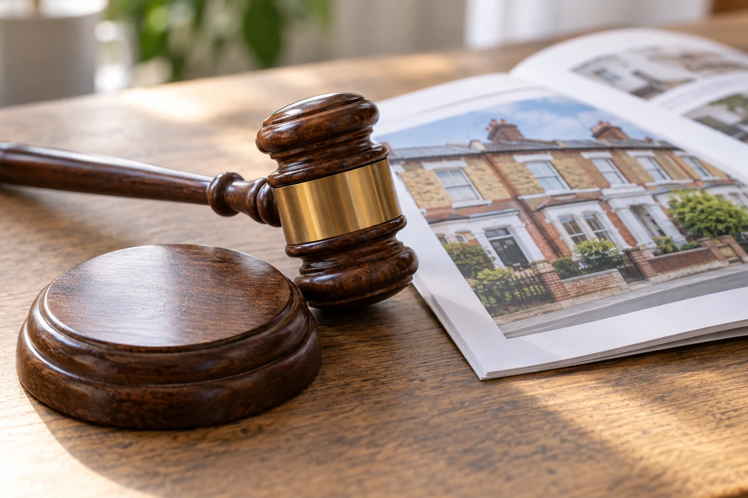 Auction gavel beside a catalogue showing a residential property