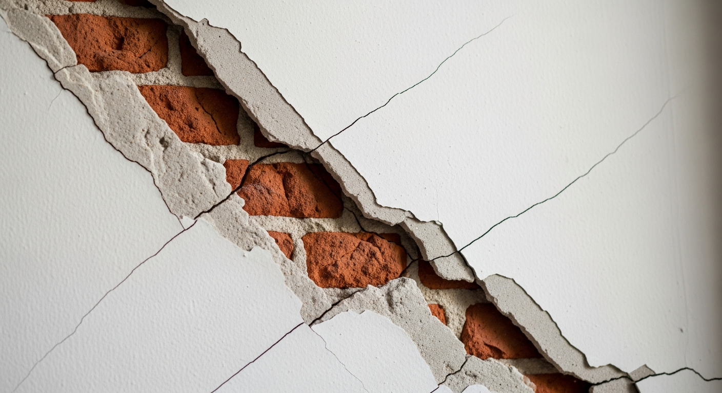 Diagonal and stair-step cracks visible on an interior wall of a residential property