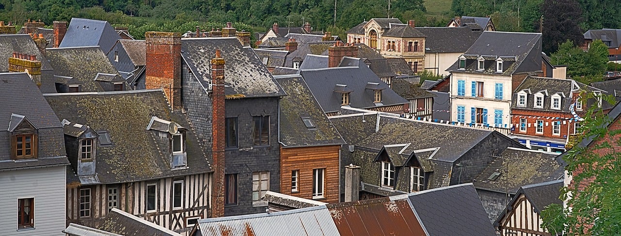 Roof inspection showing tiles and chimney